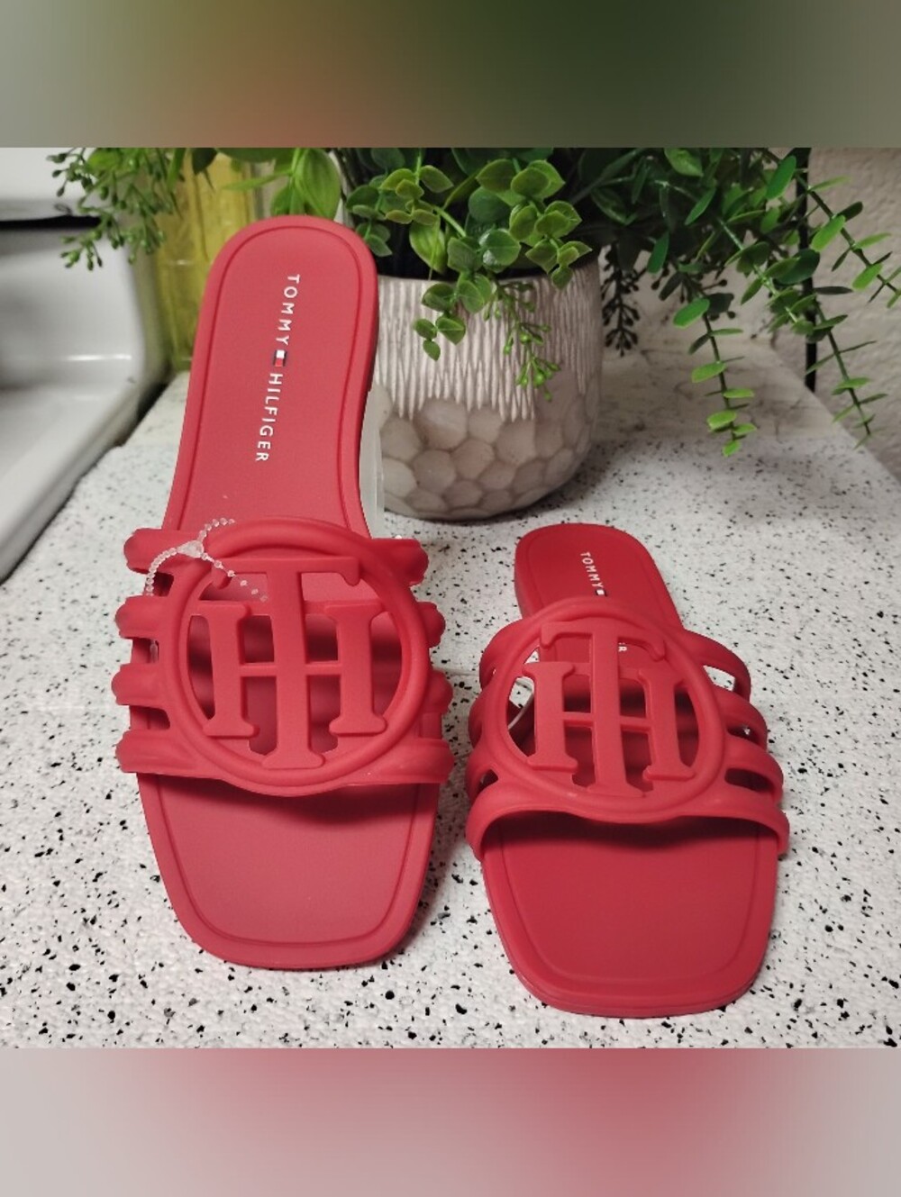 Tommy Hilfiger Red Logo Slide Sandals Size 6w